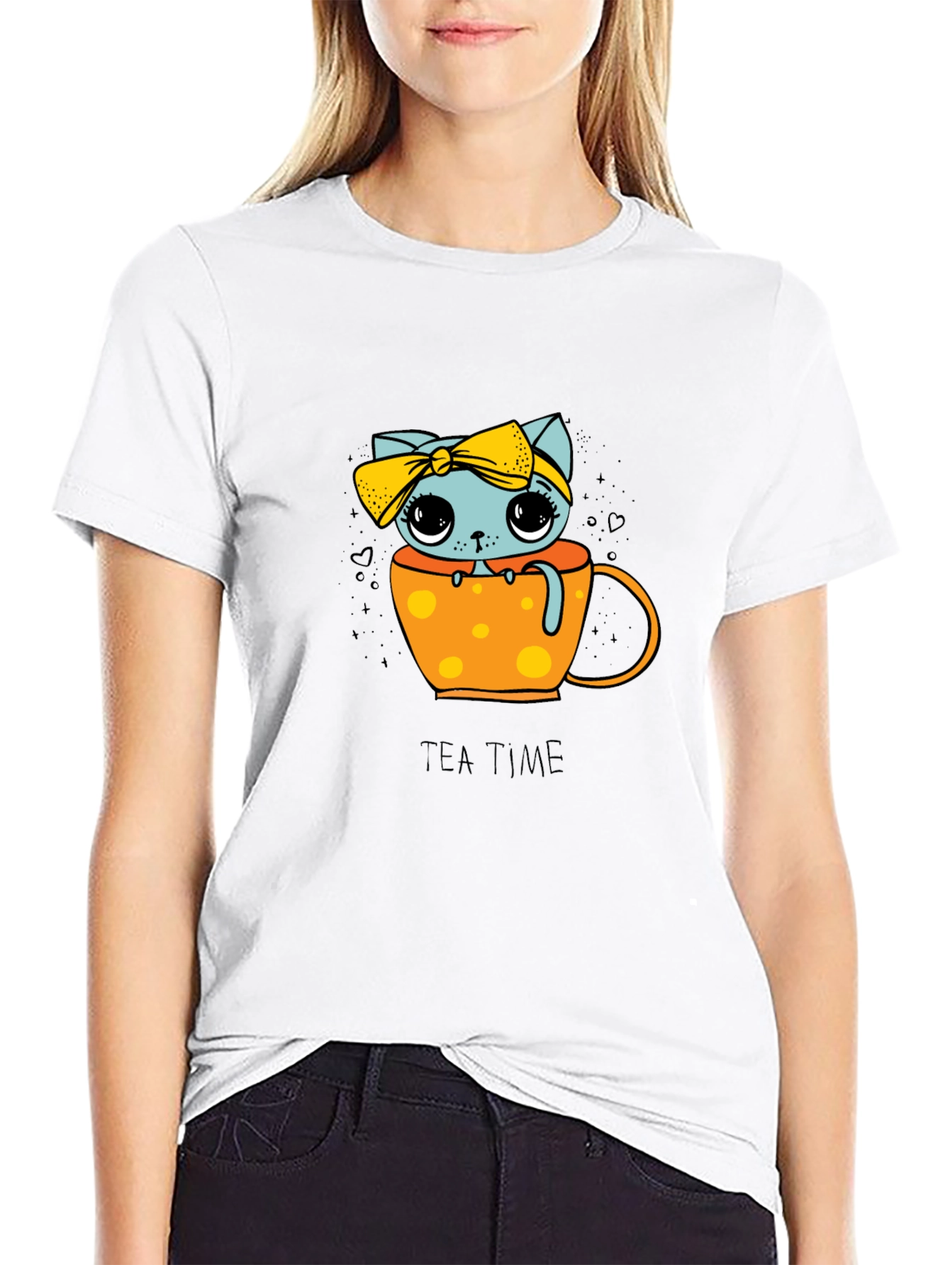 Cute Tea Time Kitten Graphic Tee - Unisex Black Shirt