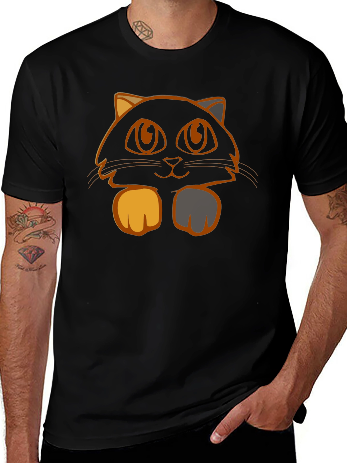 Cute Cat Graphic Tee - Black Cotton T-Shirt