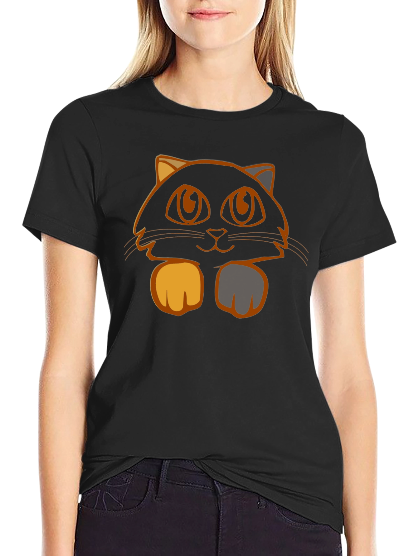 Cute Cat Graphic Tee - Black Cotton T-Shirt