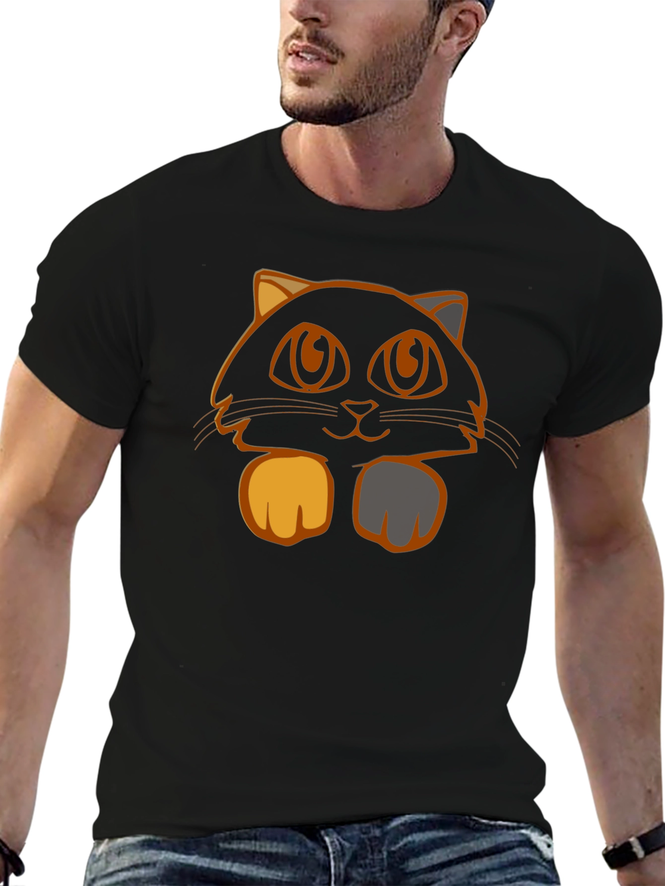 Cute Cat Graphic Tee - Black Cotton T-Shirt