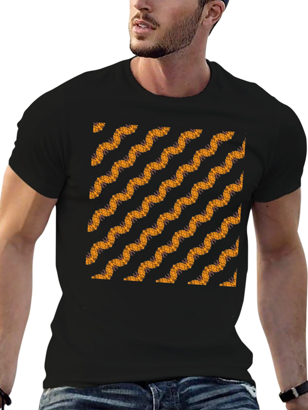 Black Tee with Bold Wavy Pattern
