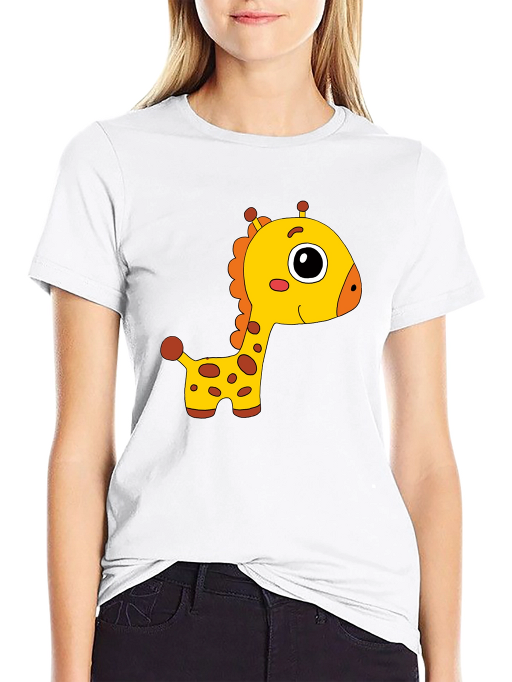 Cute Giraffe Cartoon Print Black T-Shirt