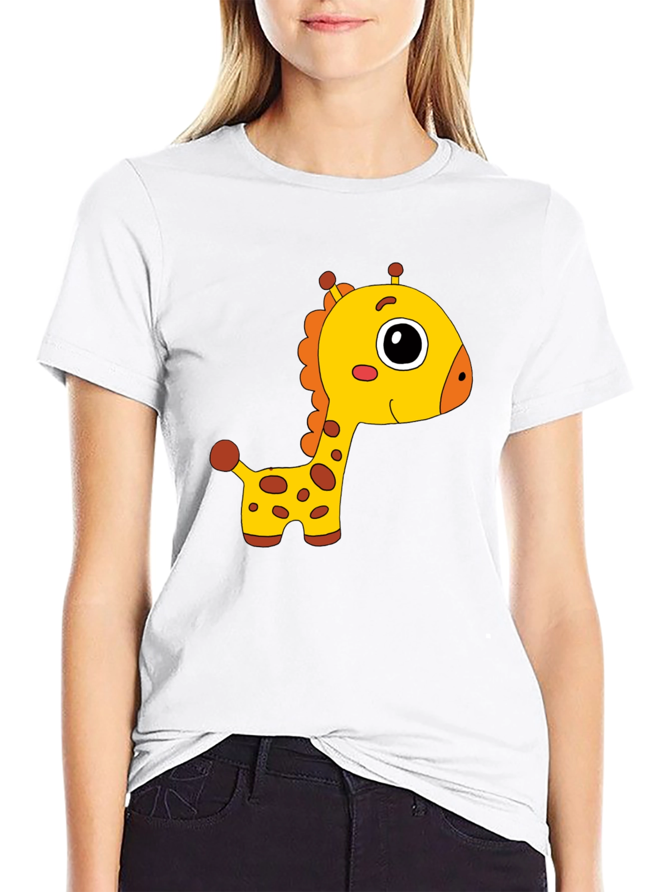 Cute Giraffe Cartoon Print Black T-Shirt