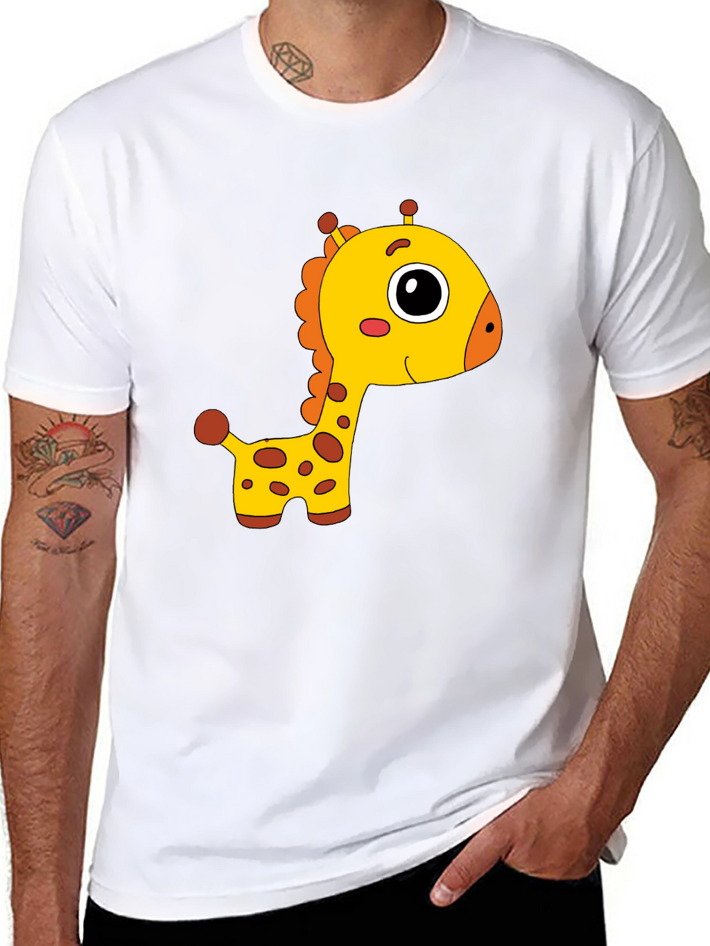 Cute Giraffe Cartoon Print Black T-Shirt