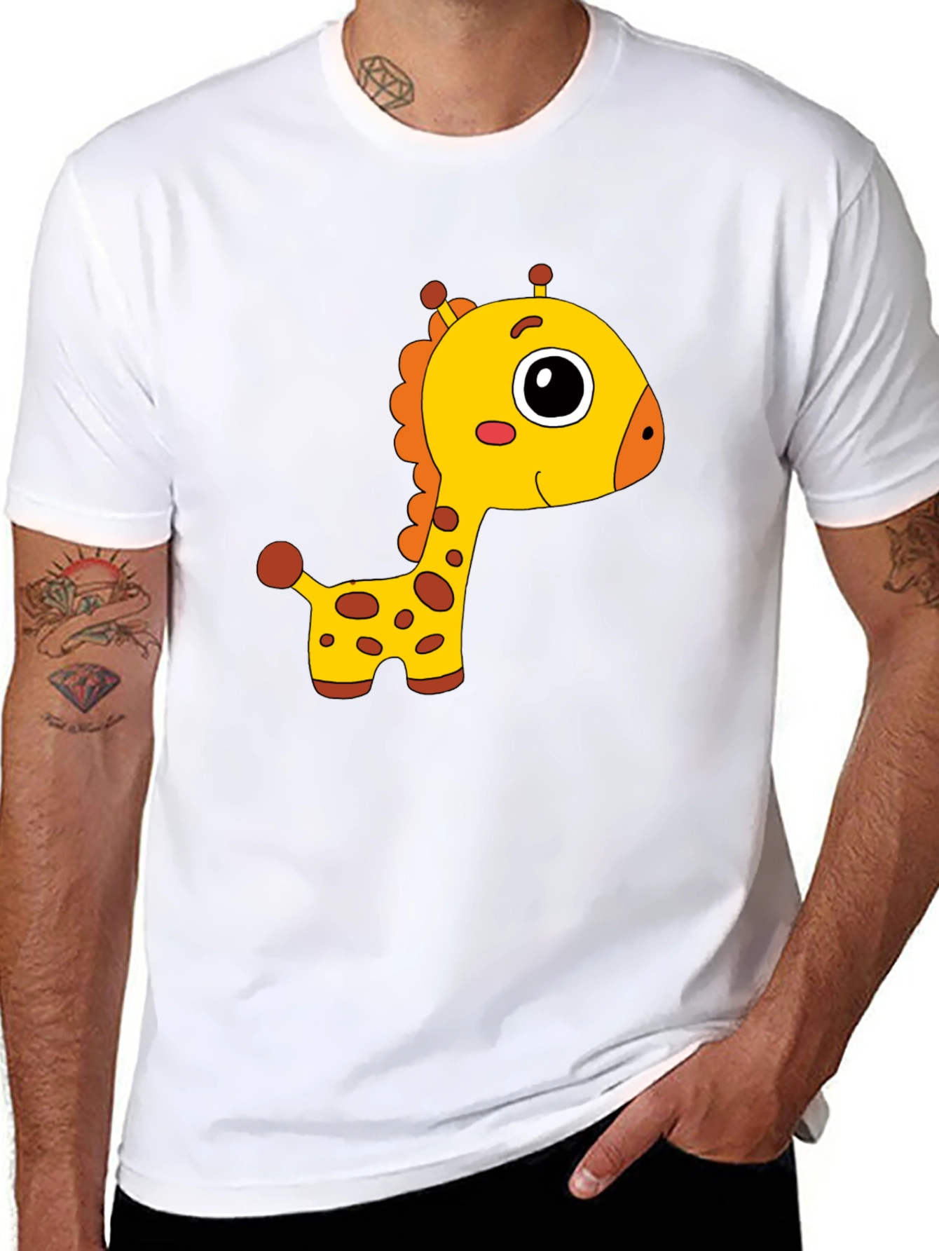 Cute Giraffe Cartoon Print Black T-Shirt