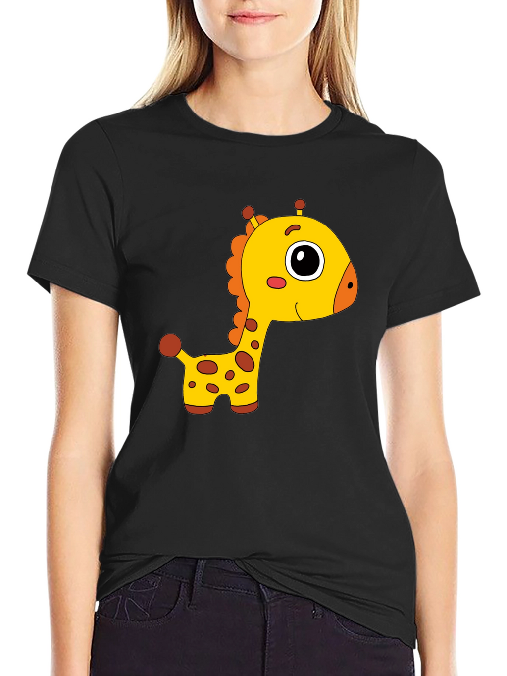 Cute Giraffe Cartoon Print Black T-Shirt