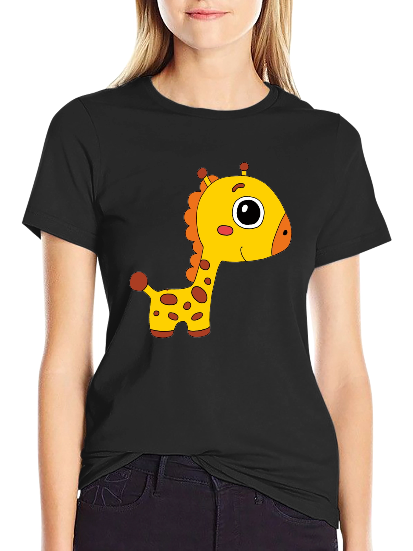 Cute Giraffe Cartoon Print Black T-Shirt