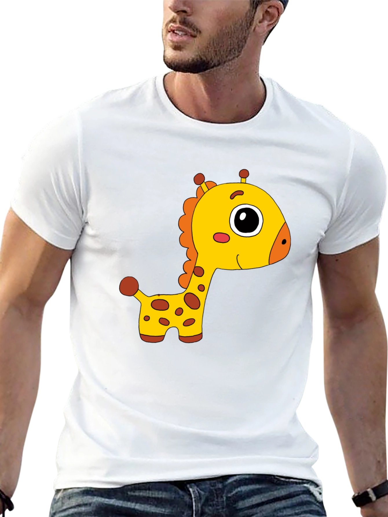 Cute Giraffe Cartoon Print Black T-Shirt