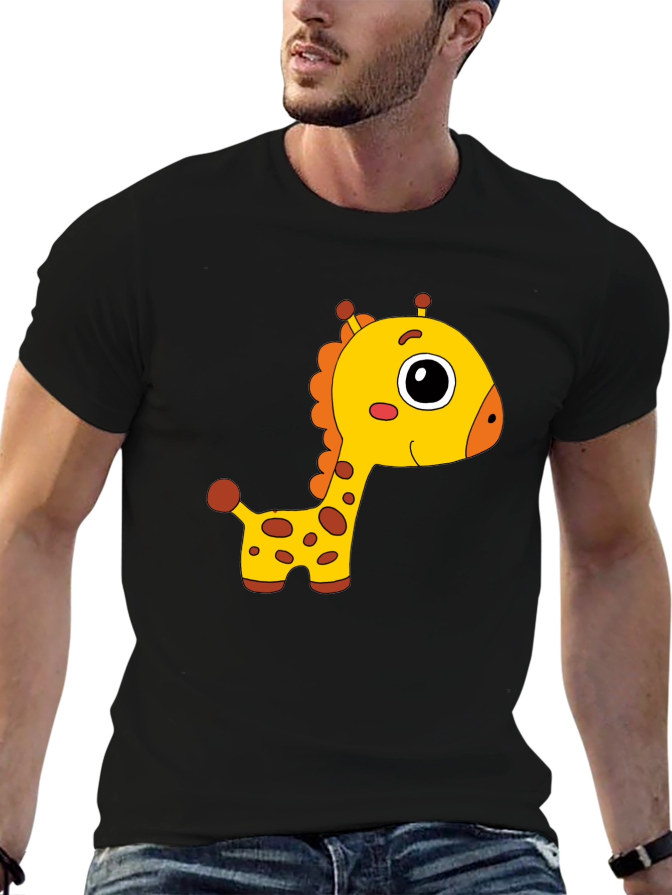 Cute Giraffe Cartoon Print Black T-Shirt