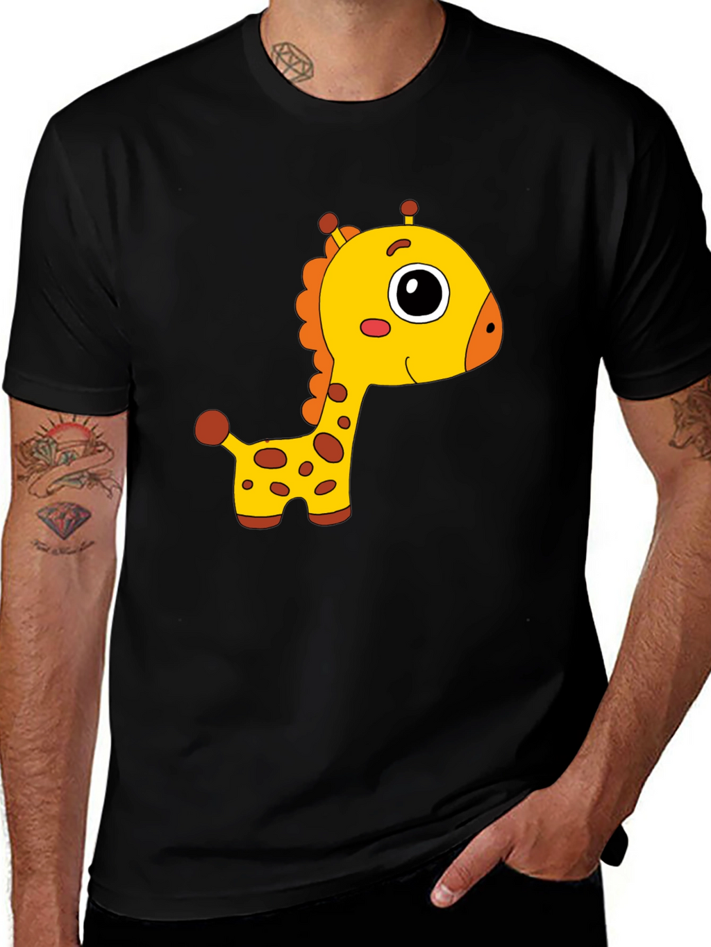 Cute Giraffe Cartoon Print Black T-Shirt