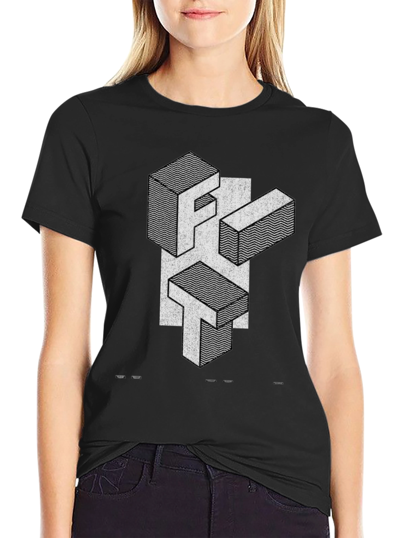 Abstract Geometric Letter Print Black T-Shirt