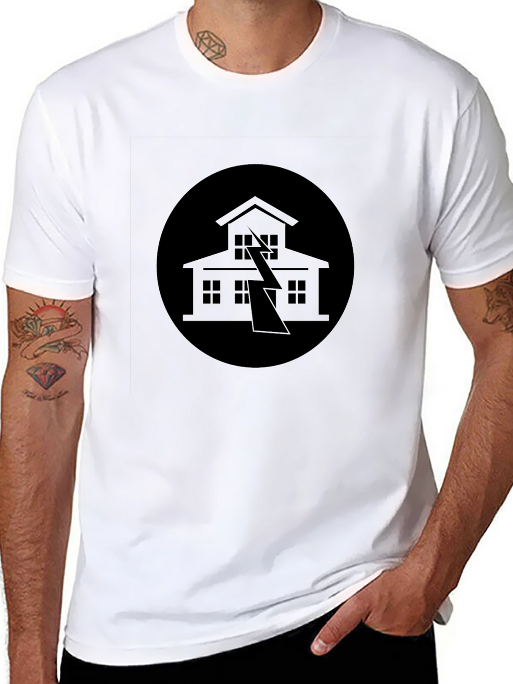 Black Tee with House Lightning Design