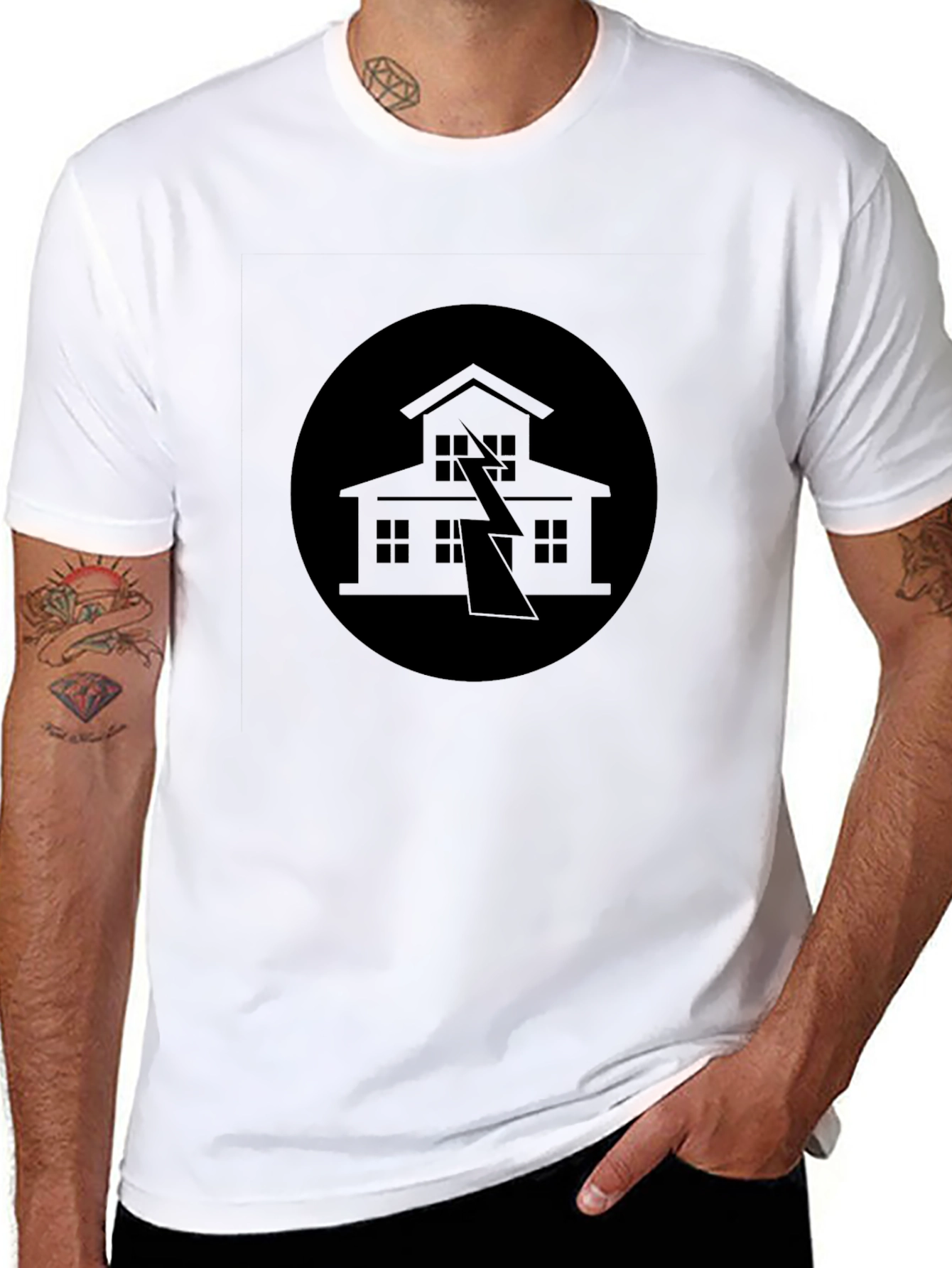 Black Tee with House Lightning Design
