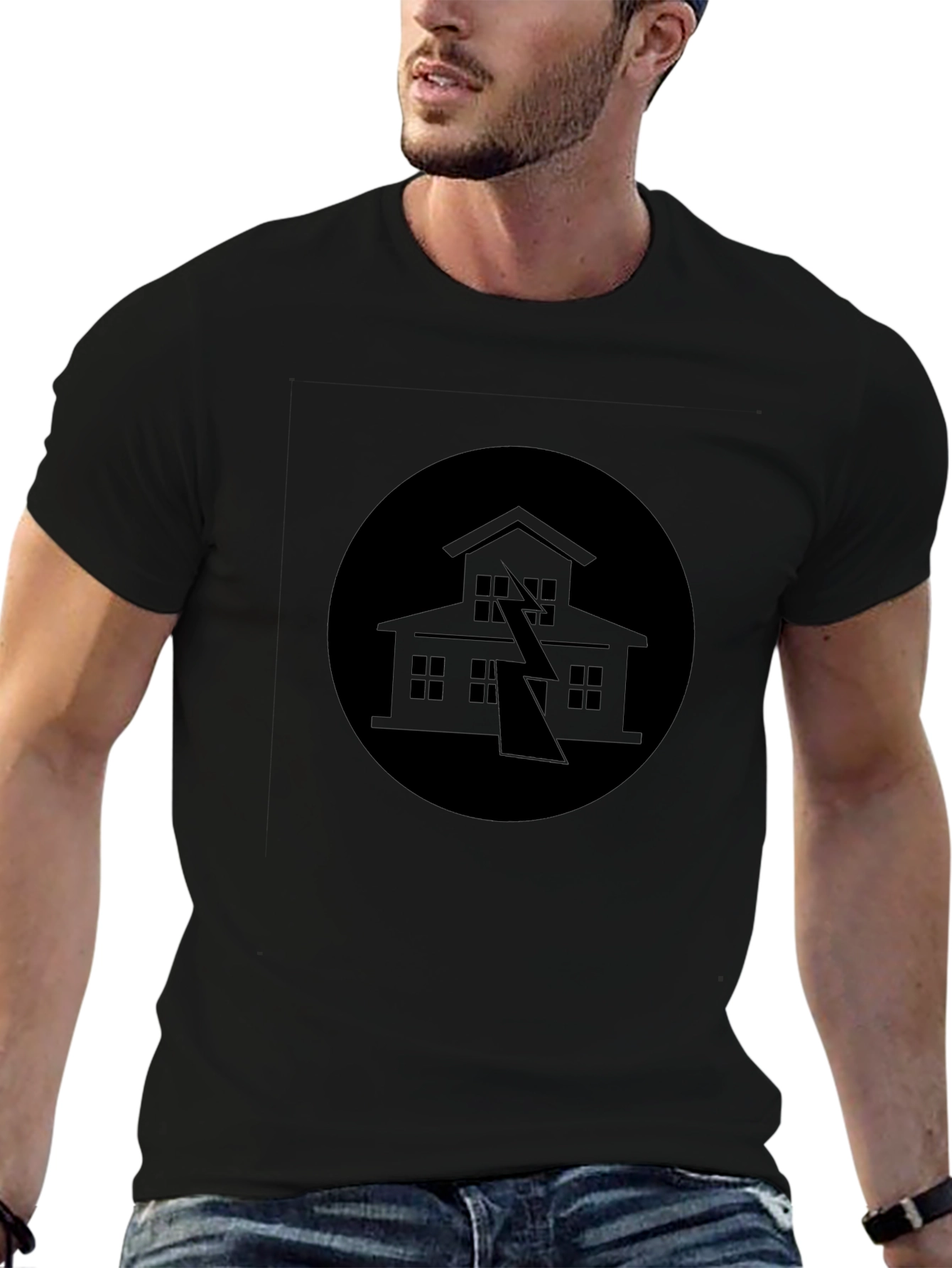 Black Tee with House Lightning Design