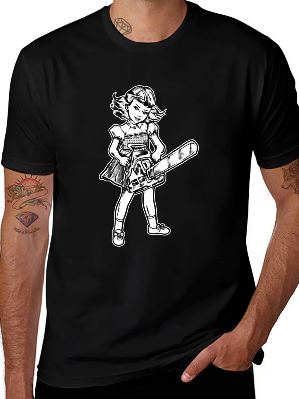 Girl With Chainsaw Graphic Tee - Black