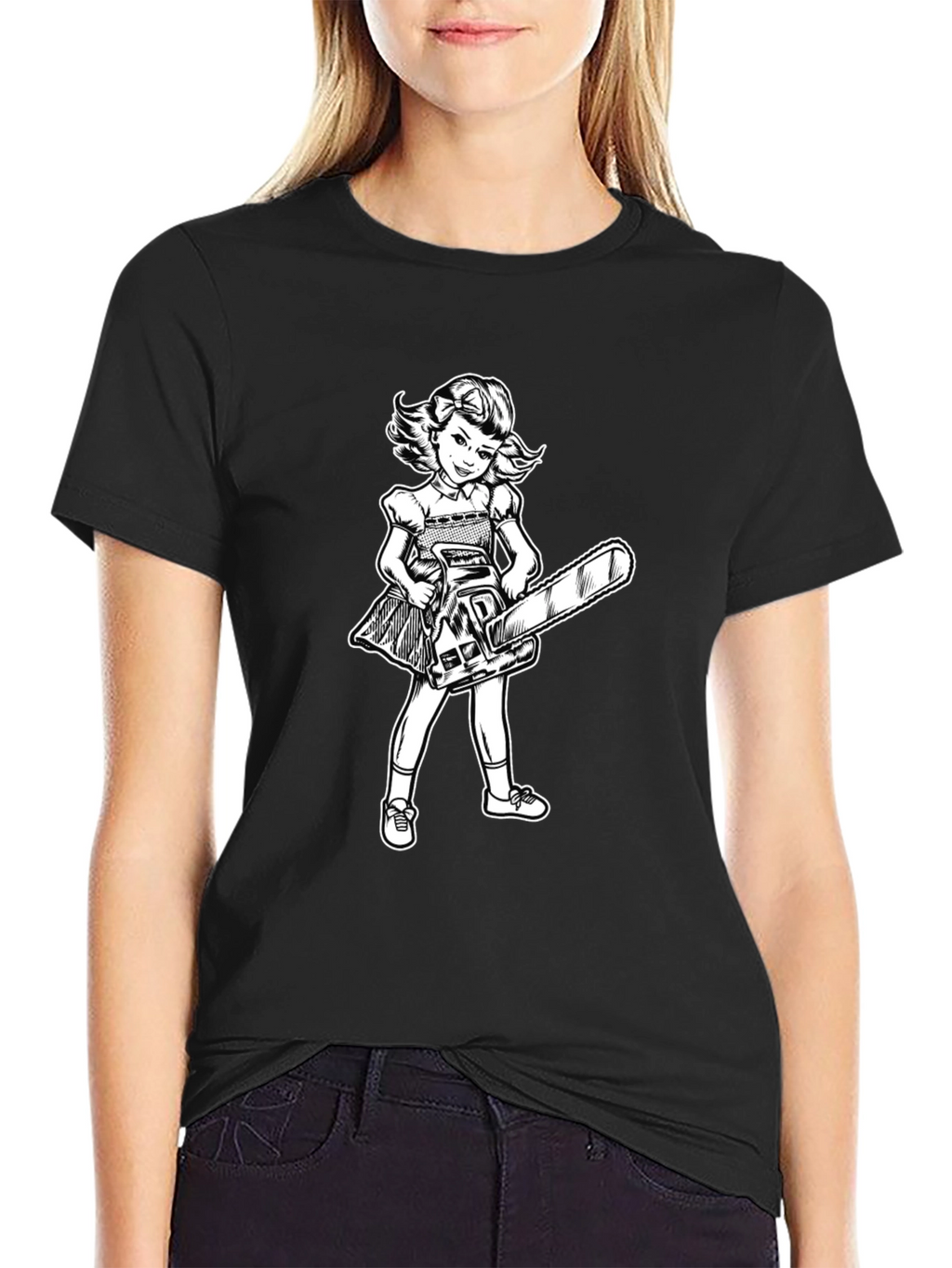 Girl With Chainsaw Graphic Tee - Black