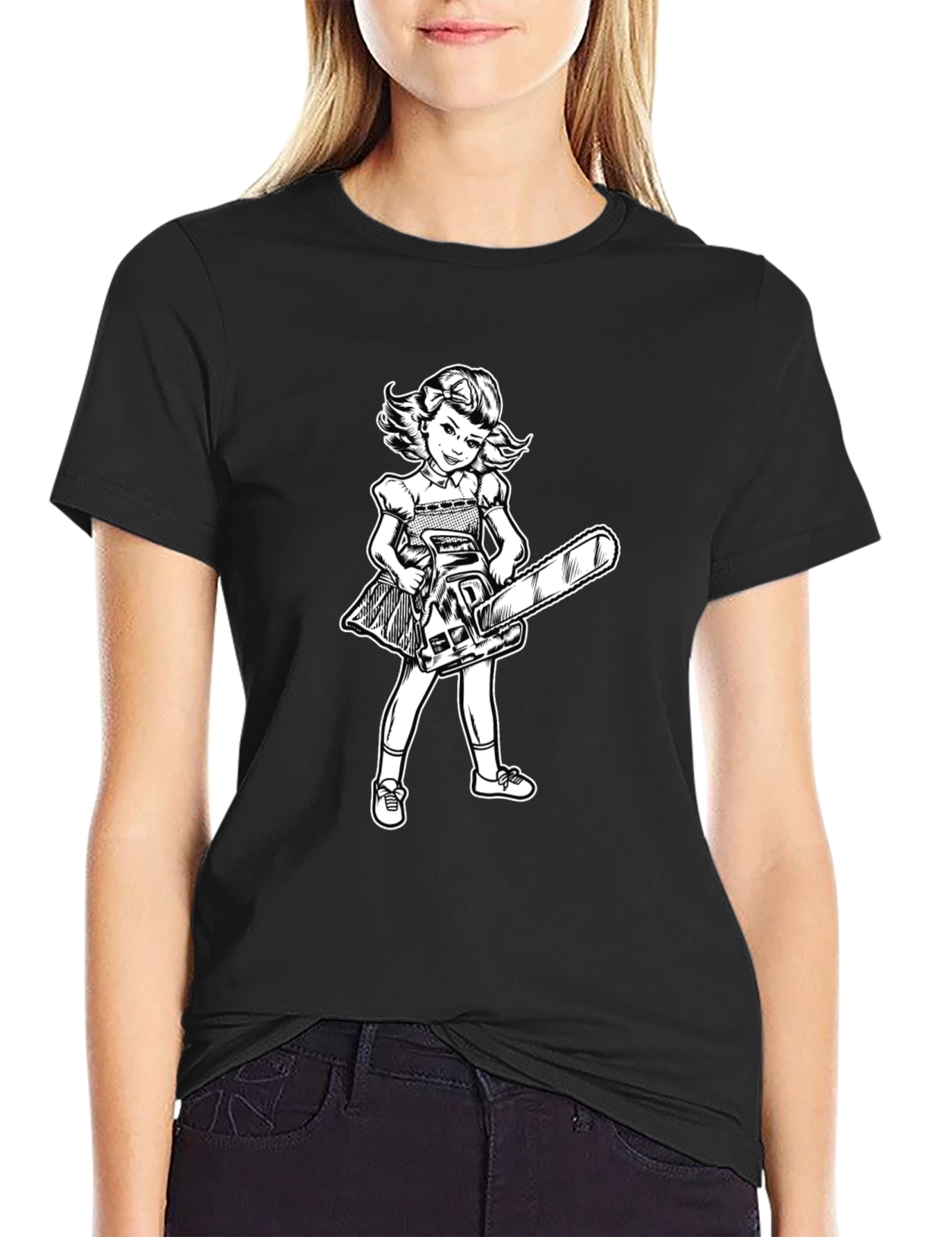 Girl With Chainsaw Graphic Tee - Black