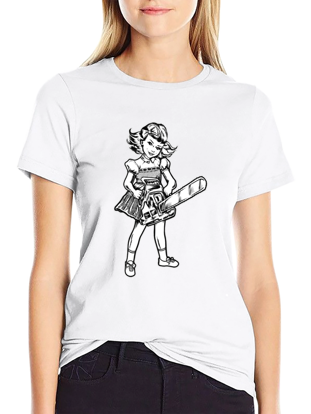Girl With Chainsaw Graphic Tee - Black
