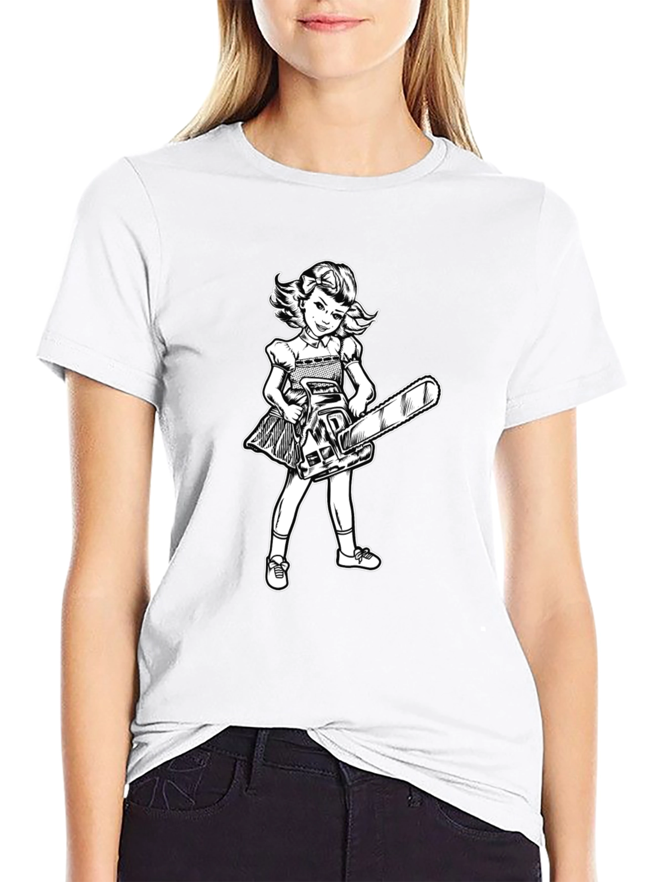 Girl With Chainsaw Graphic Tee - Black