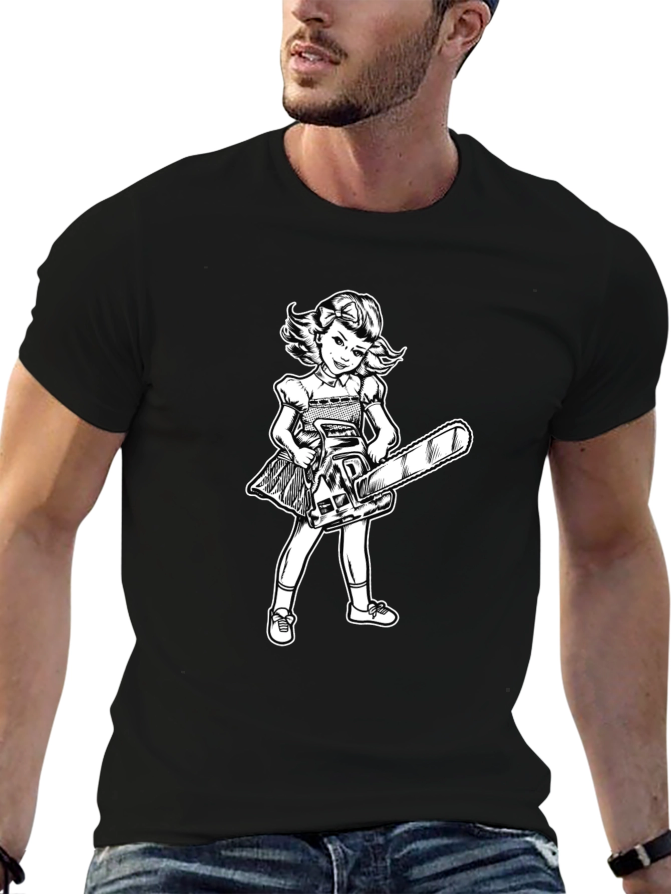 Girl With Chainsaw Graphic Tee - Black