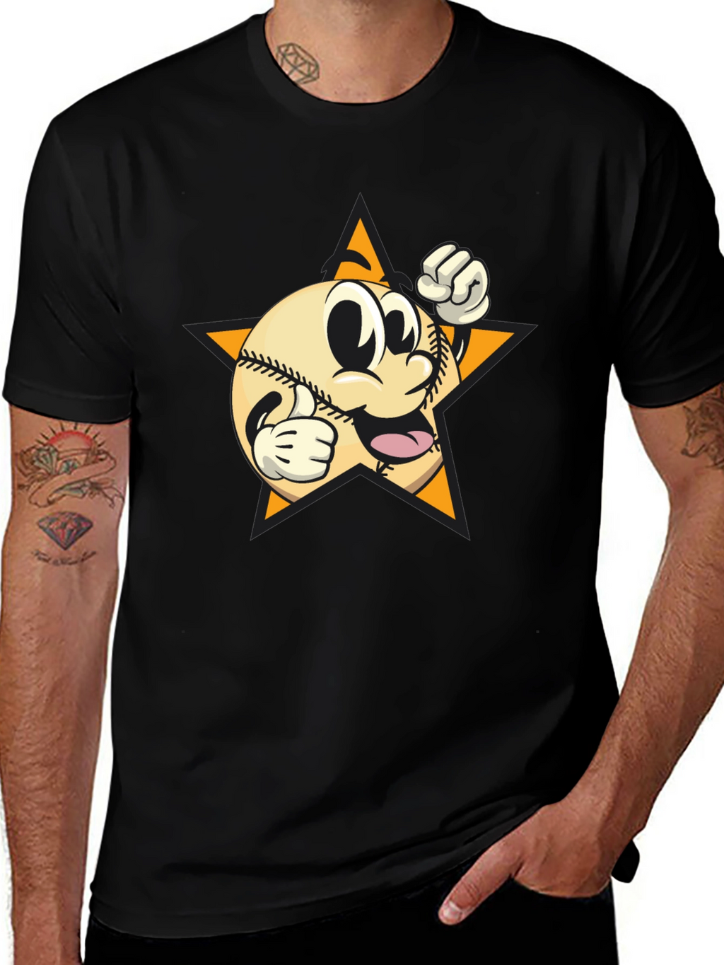 Cartoon Baseball Star Graphic Tee - Black