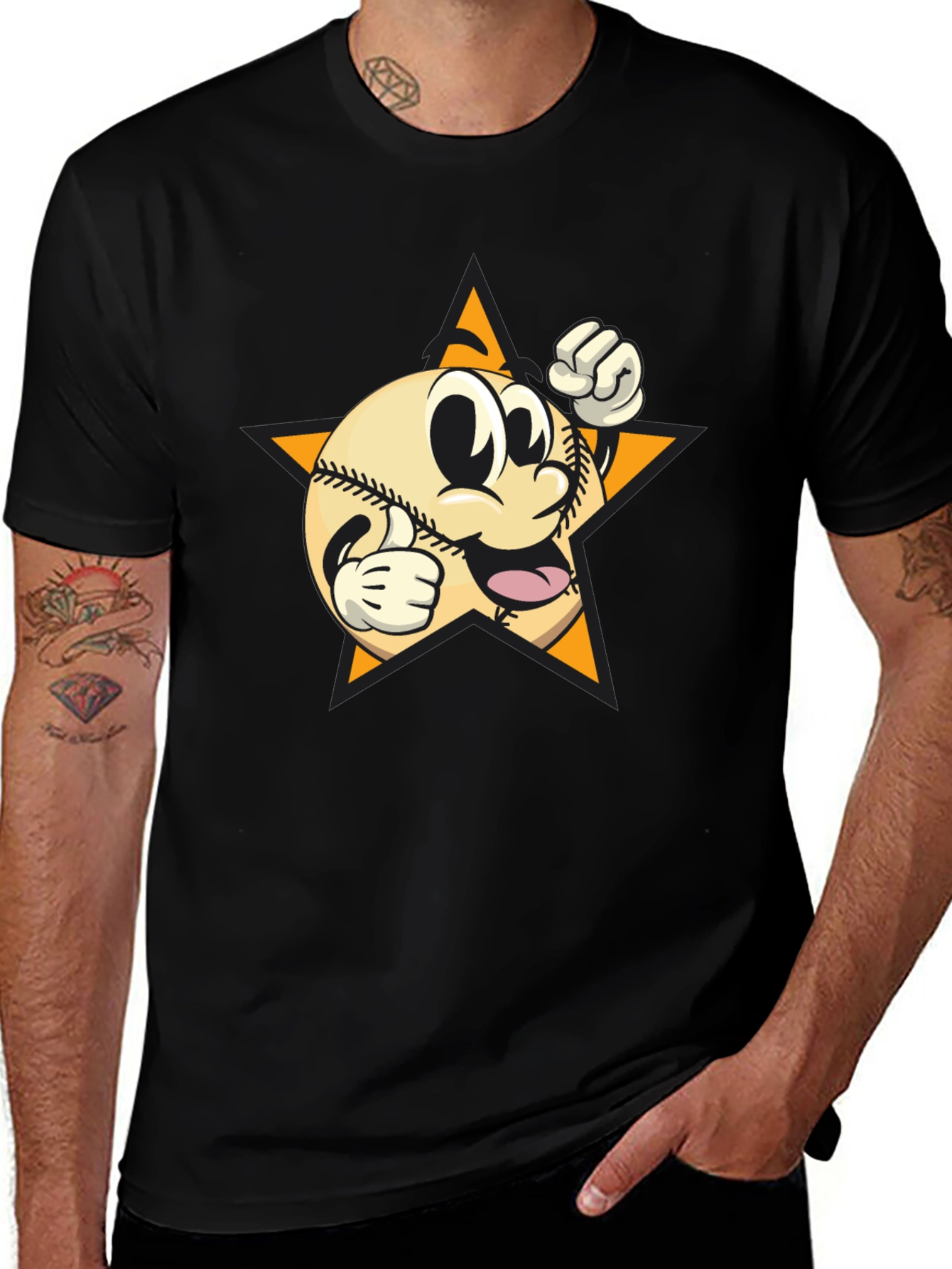 Cartoon Baseball Star Graphic Tee - Black
