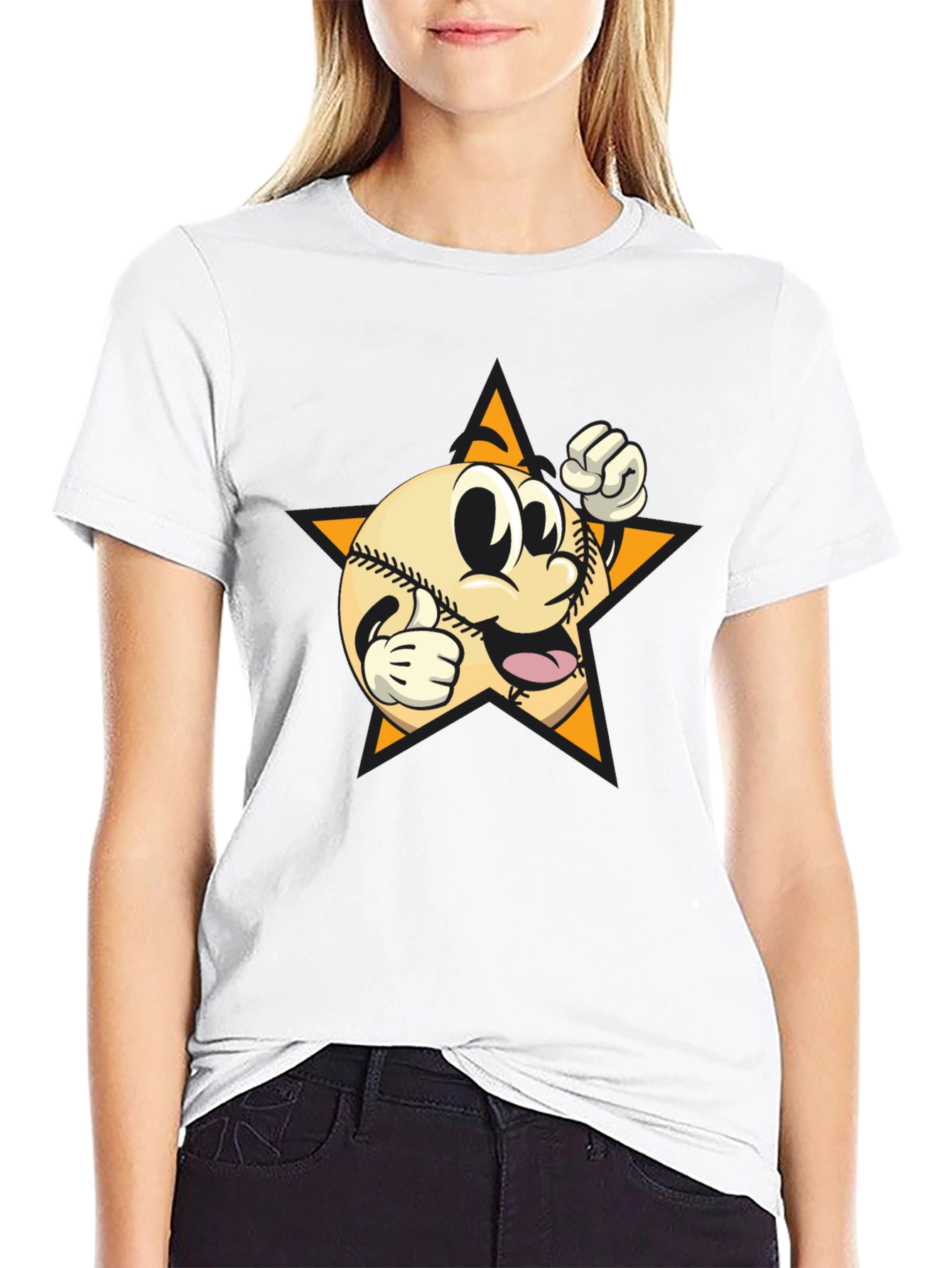 Cartoon Baseball Star Graphic Tee - Black