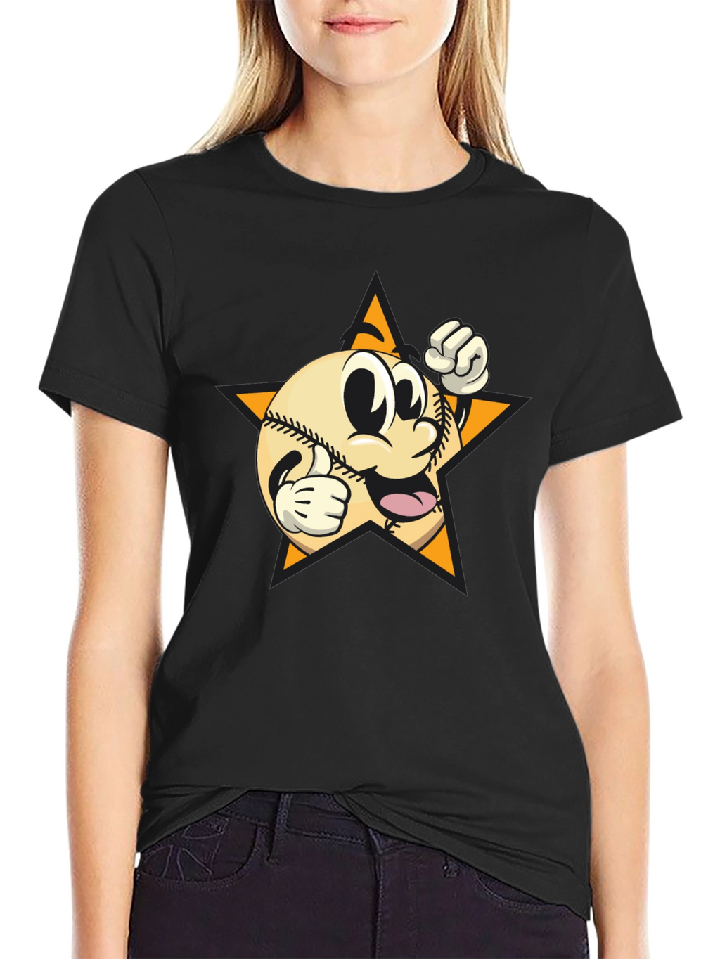 Cartoon Baseball Star Graphic Tee - Black