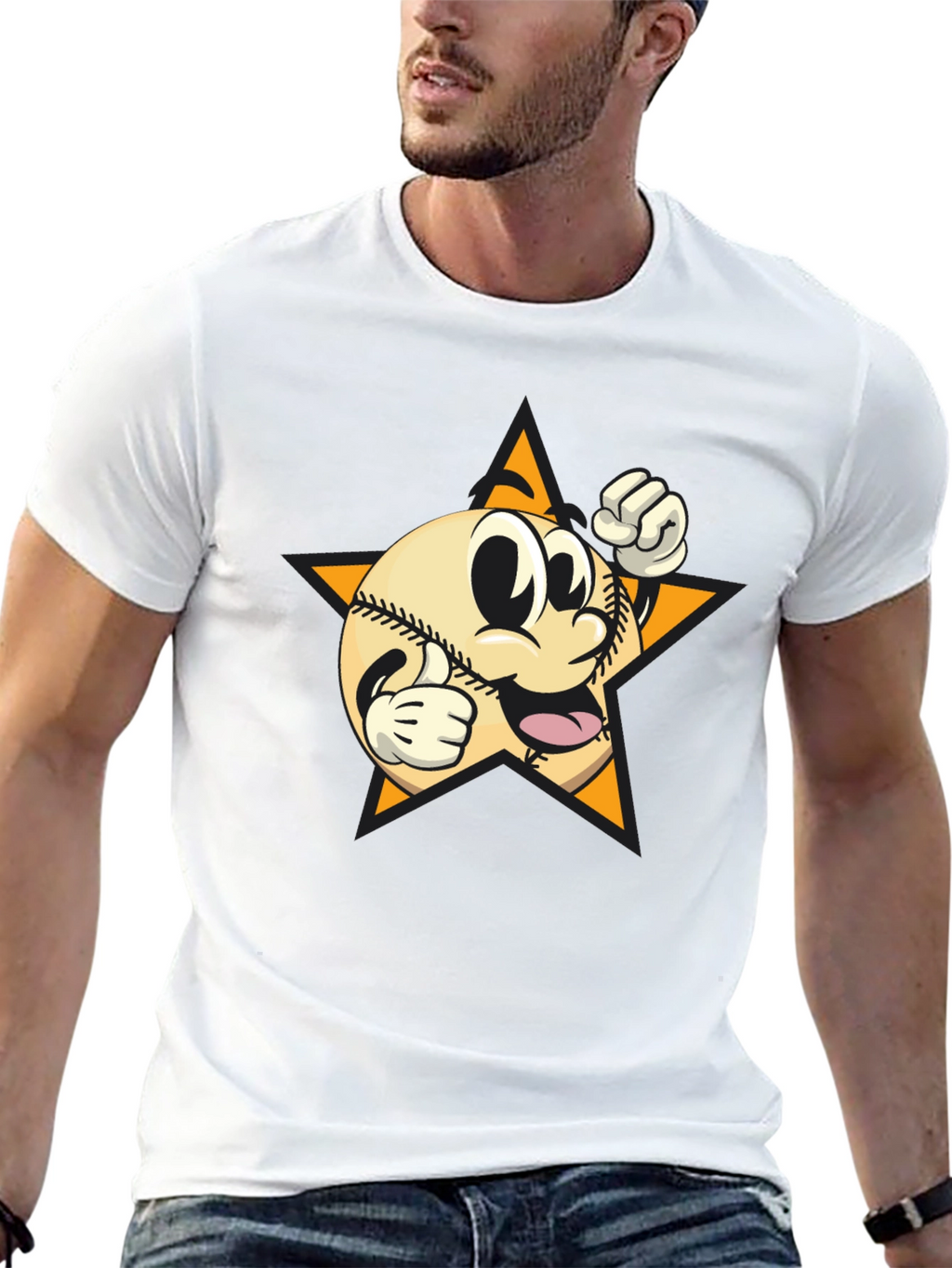 Cartoon Baseball Star Graphic Tee - Black