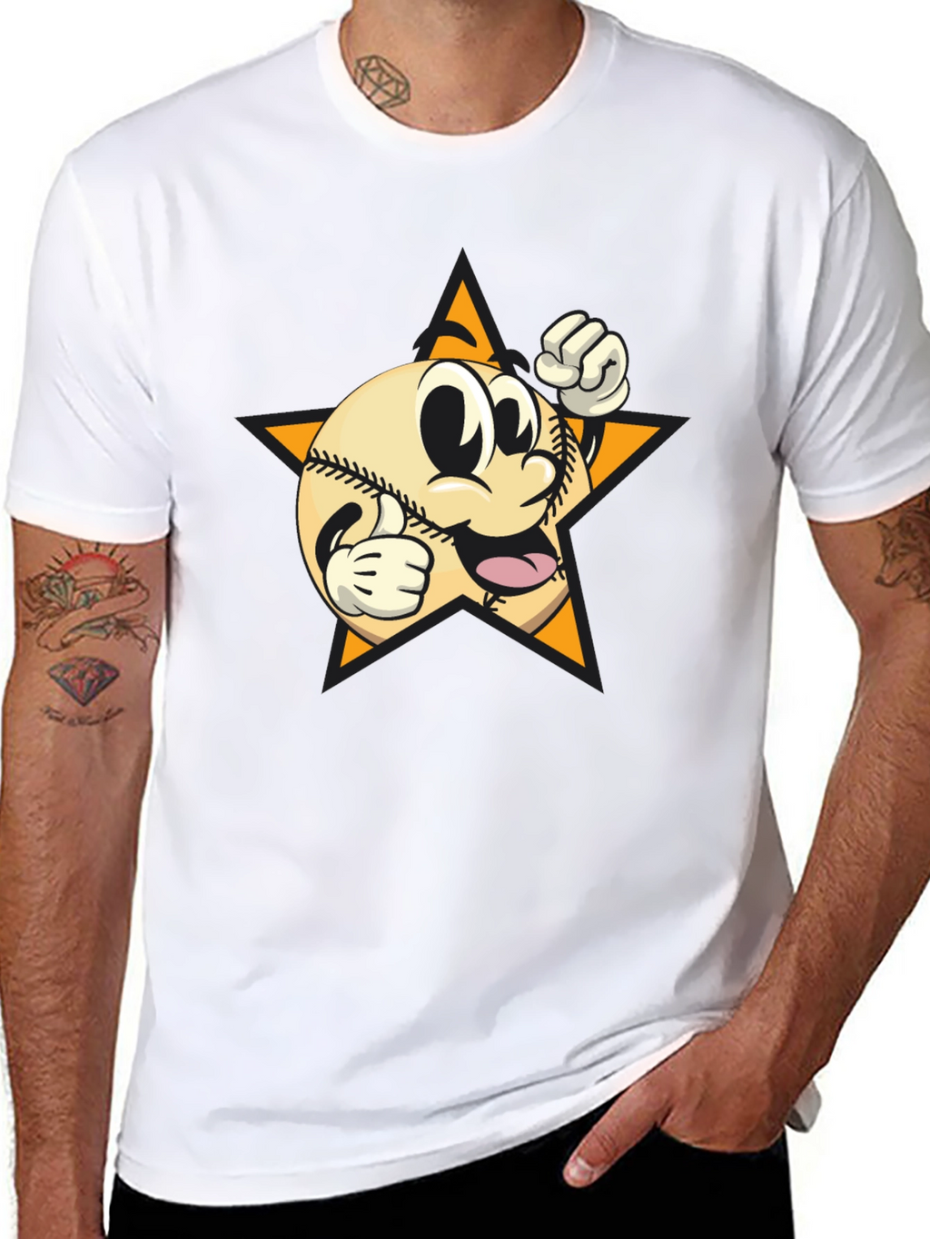 Cartoon Baseball Star Graphic Tee - Black