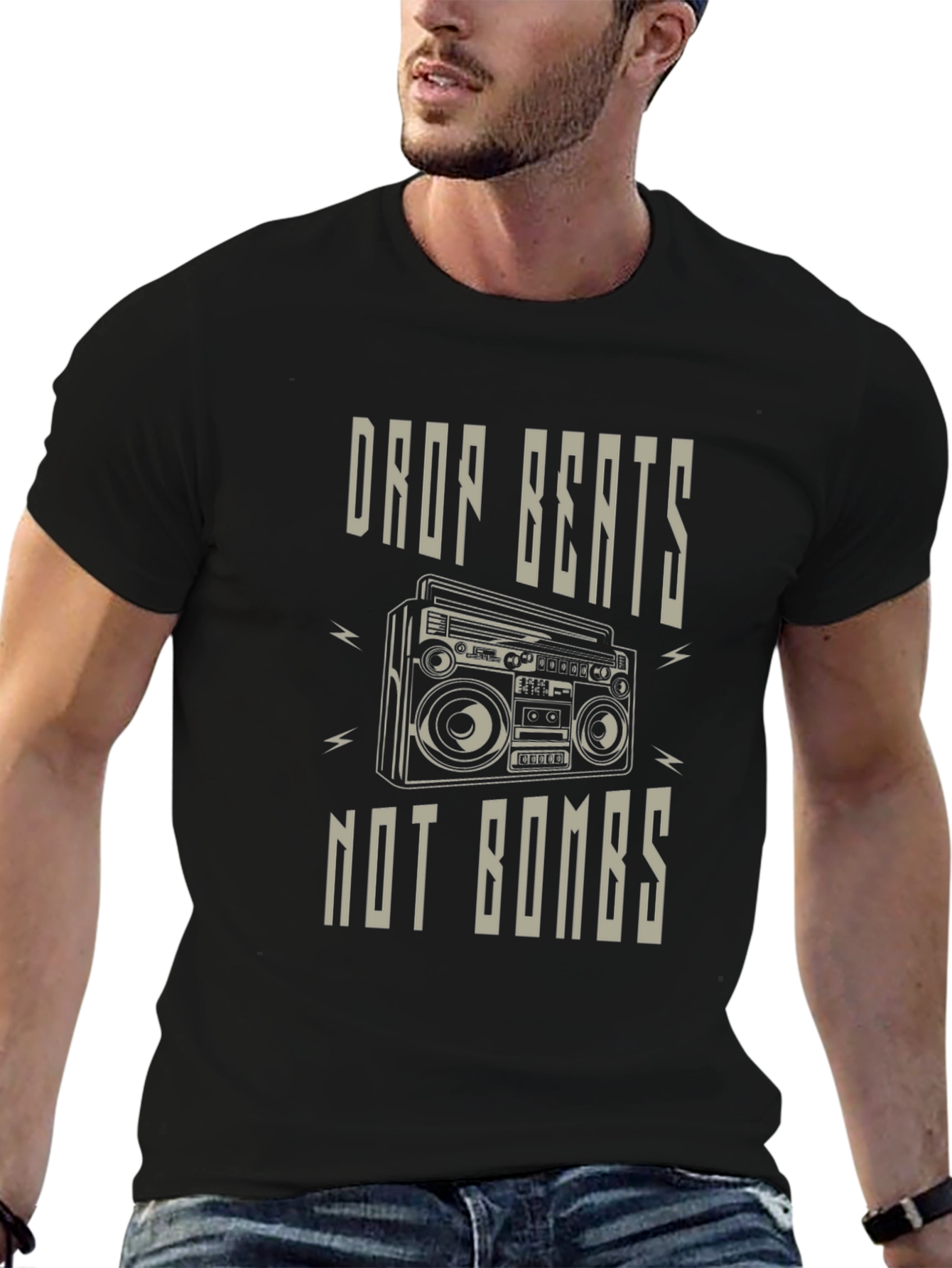 Drop Beats Not Bombs T-Shirt - Classic Boombox Design