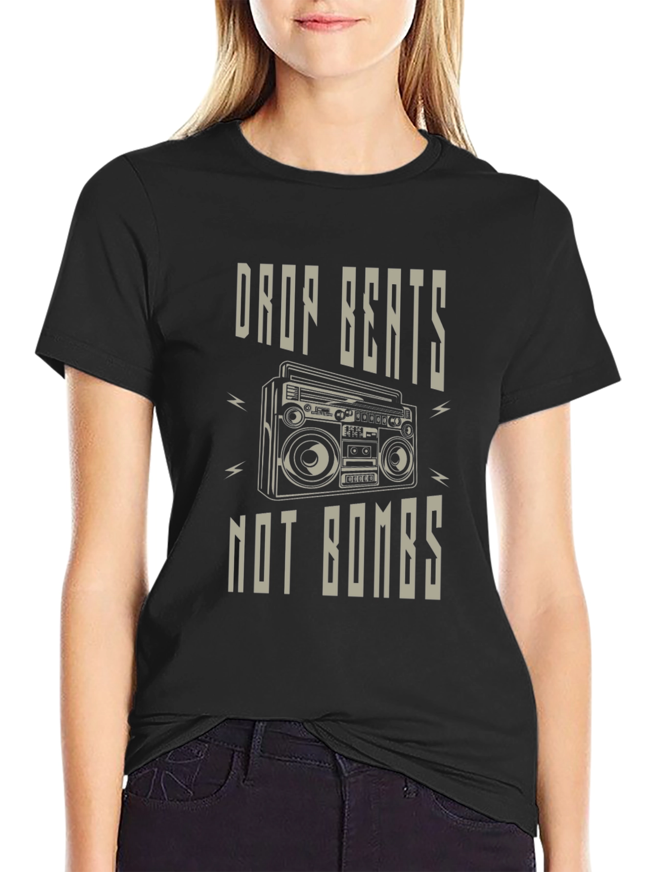 Drop Beats Not Bombs T-Shirt - Classic Boombox Design