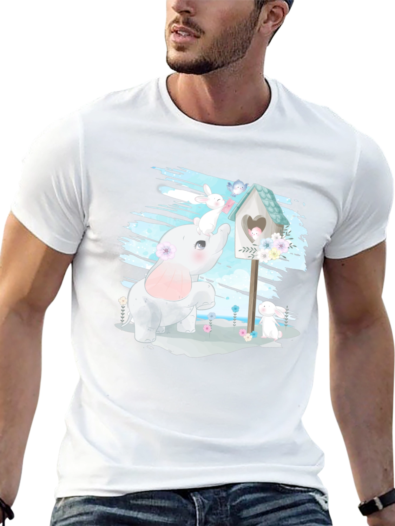 Cute Elephant and Bunny Graphic T-Shirt