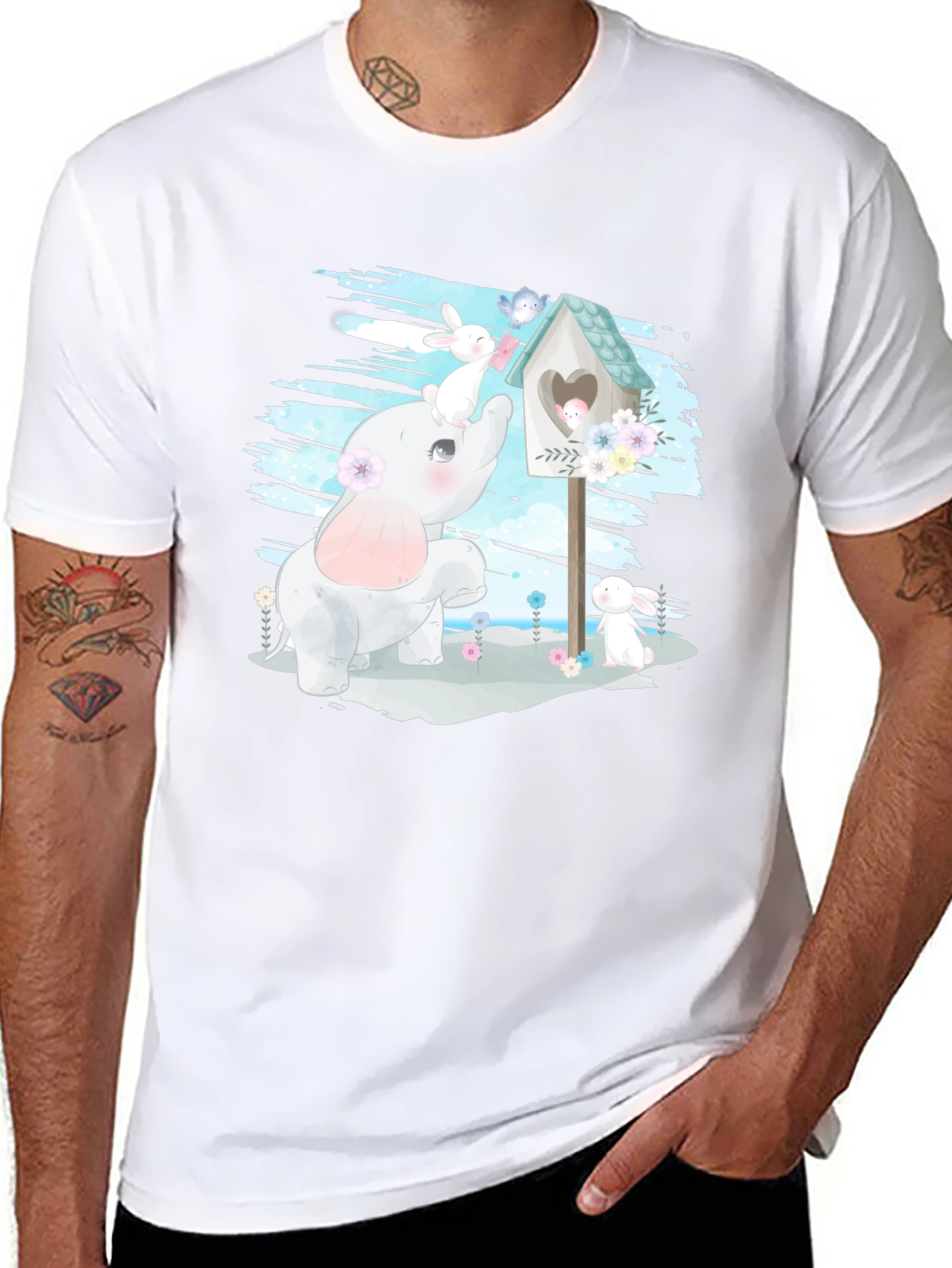 Cute Elephant and Bunny Graphic T-Shirt