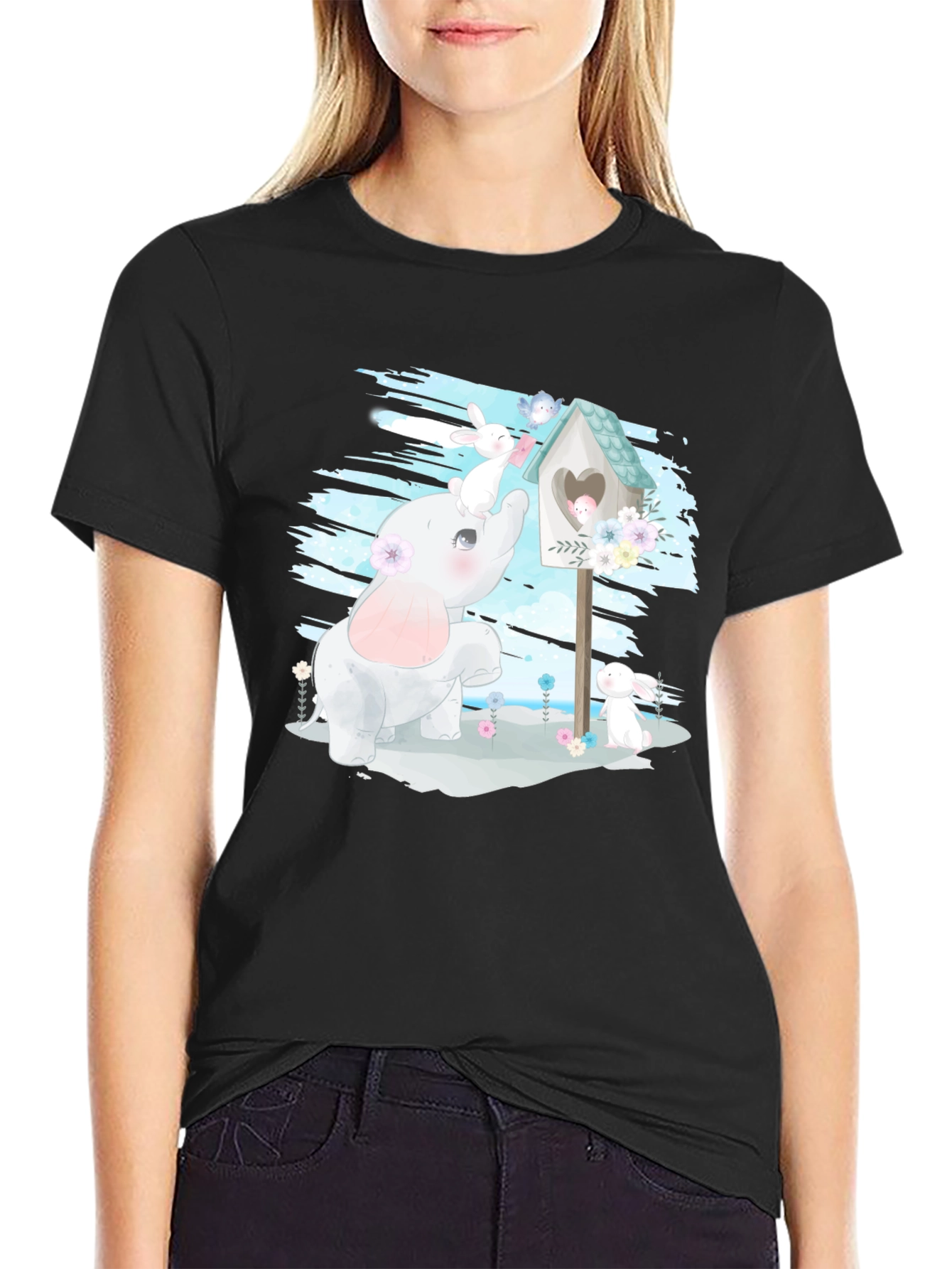 Cute Elephant and Bunny Graphic T-Shirt