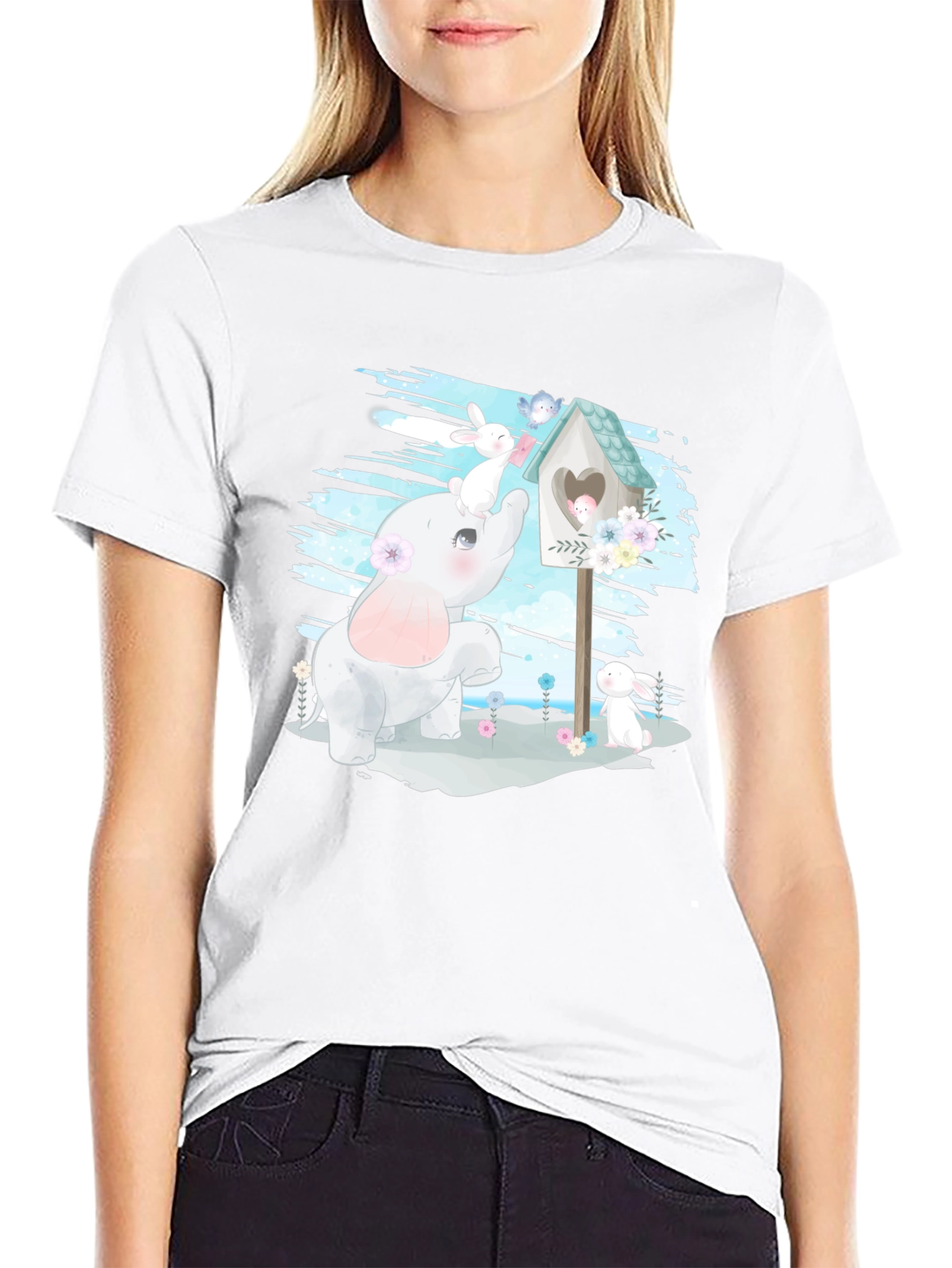 Cute Elephant and Bunny Graphic T-Shirt