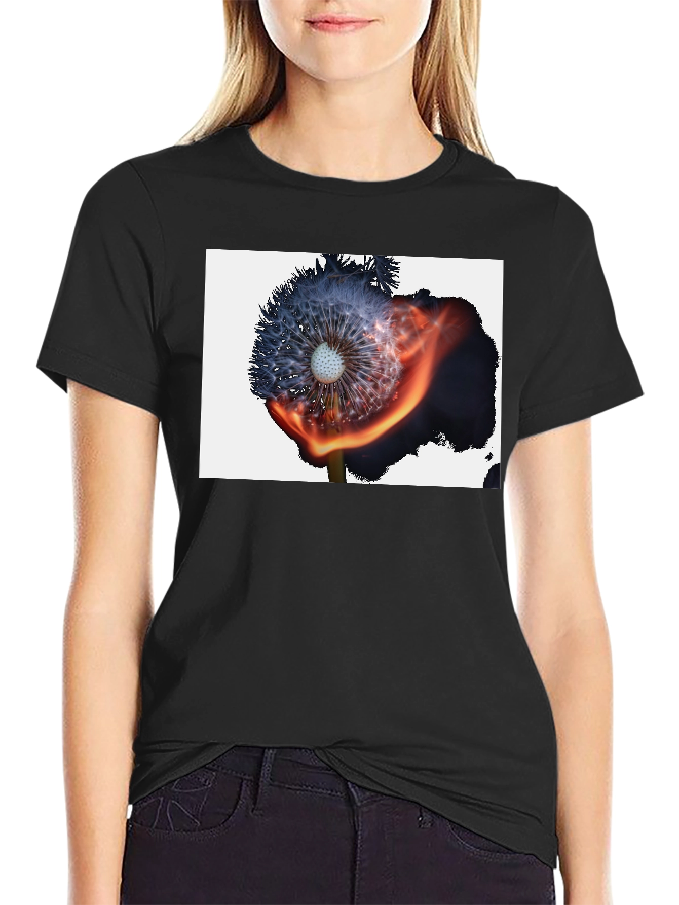 Burning Dandelion Graphic Tee - Cool Black T-Shirt