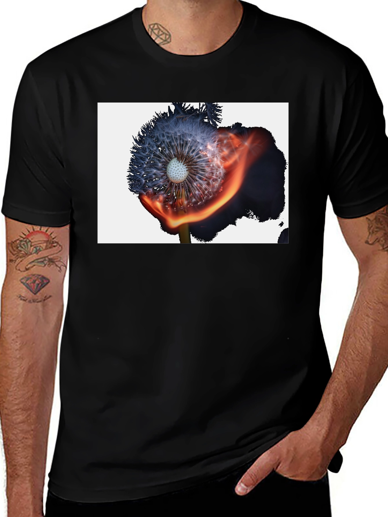 Burning Dandelion Graphic Tee - Cool Black T-Shirt