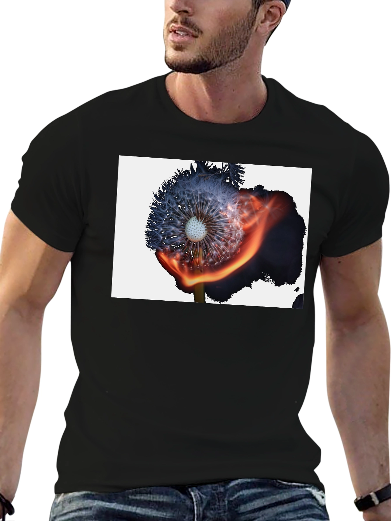 Burning Dandelion Graphic Tee - Cool Black T-Shirt