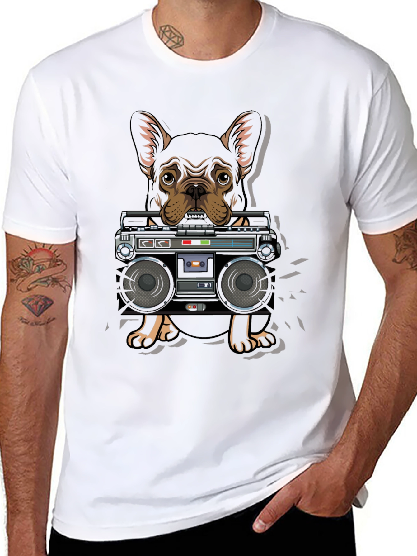 Dog and Boombox Graphic T-Shirt - Cool Casual Wear