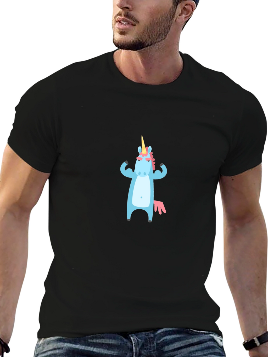 Unicorn Muscle T-Shirt - Black Crew Neck Graphic Tee
