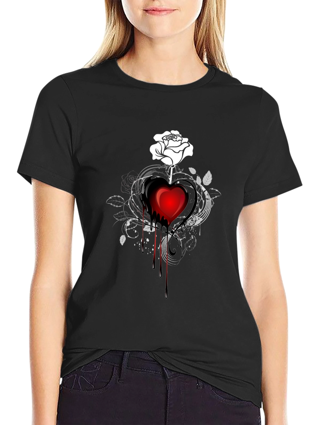 Dark Heart Rose Graphic Tee - Stylish Black T-Shirt