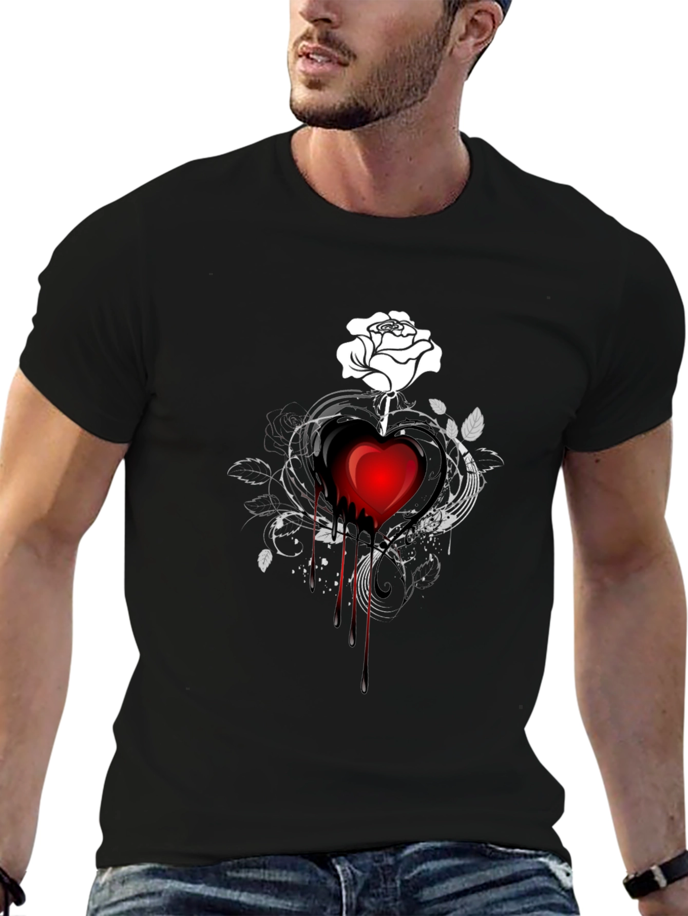 Dark Heart Rose Graphic Tee - Stylish Black T-Shirt