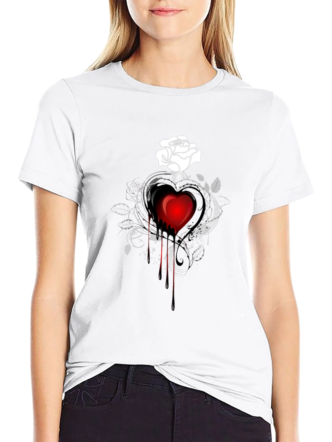 Dark Heart Rose Graphic Tee - Stylish Black T-Shirt
