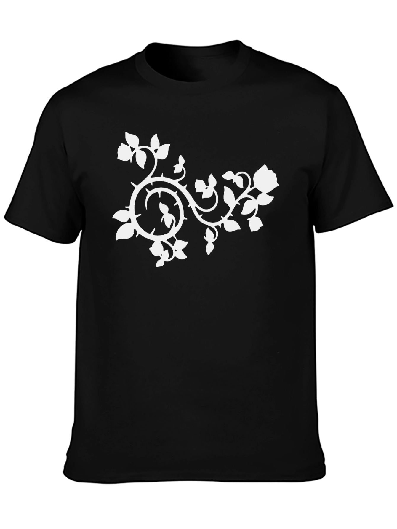 Black T-Shirt with White Floral Vine Design