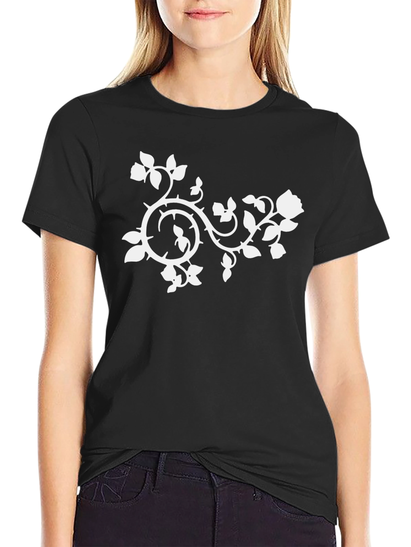 Black T-Shirt with White Floral Vine Design