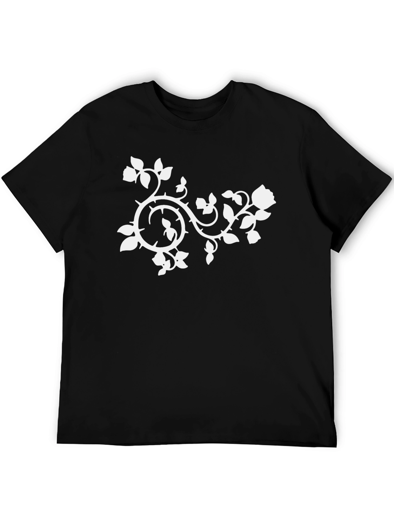 Black T-Shirt with White Floral Vine Design
