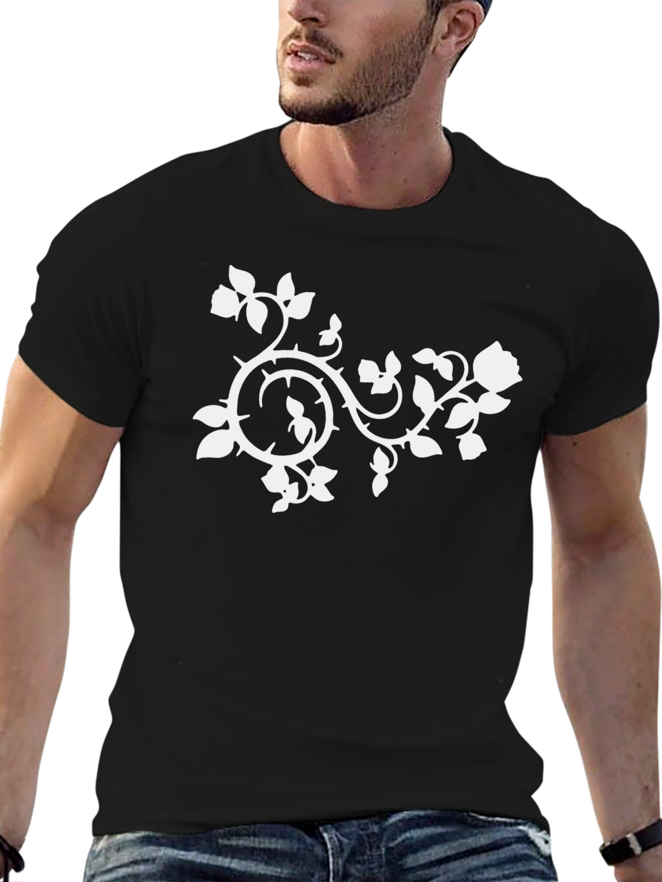 Black T-Shirt with White Floral Vine Design