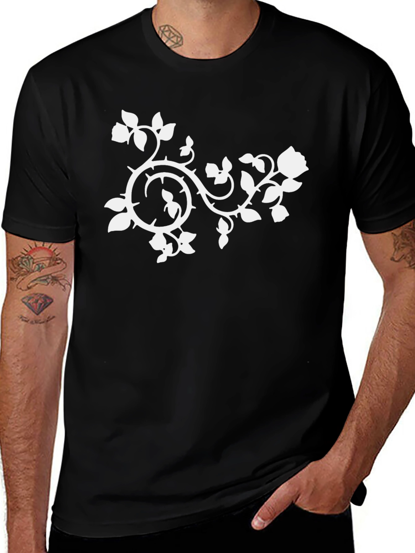 Black T-Shirt with White Floral Vine Design