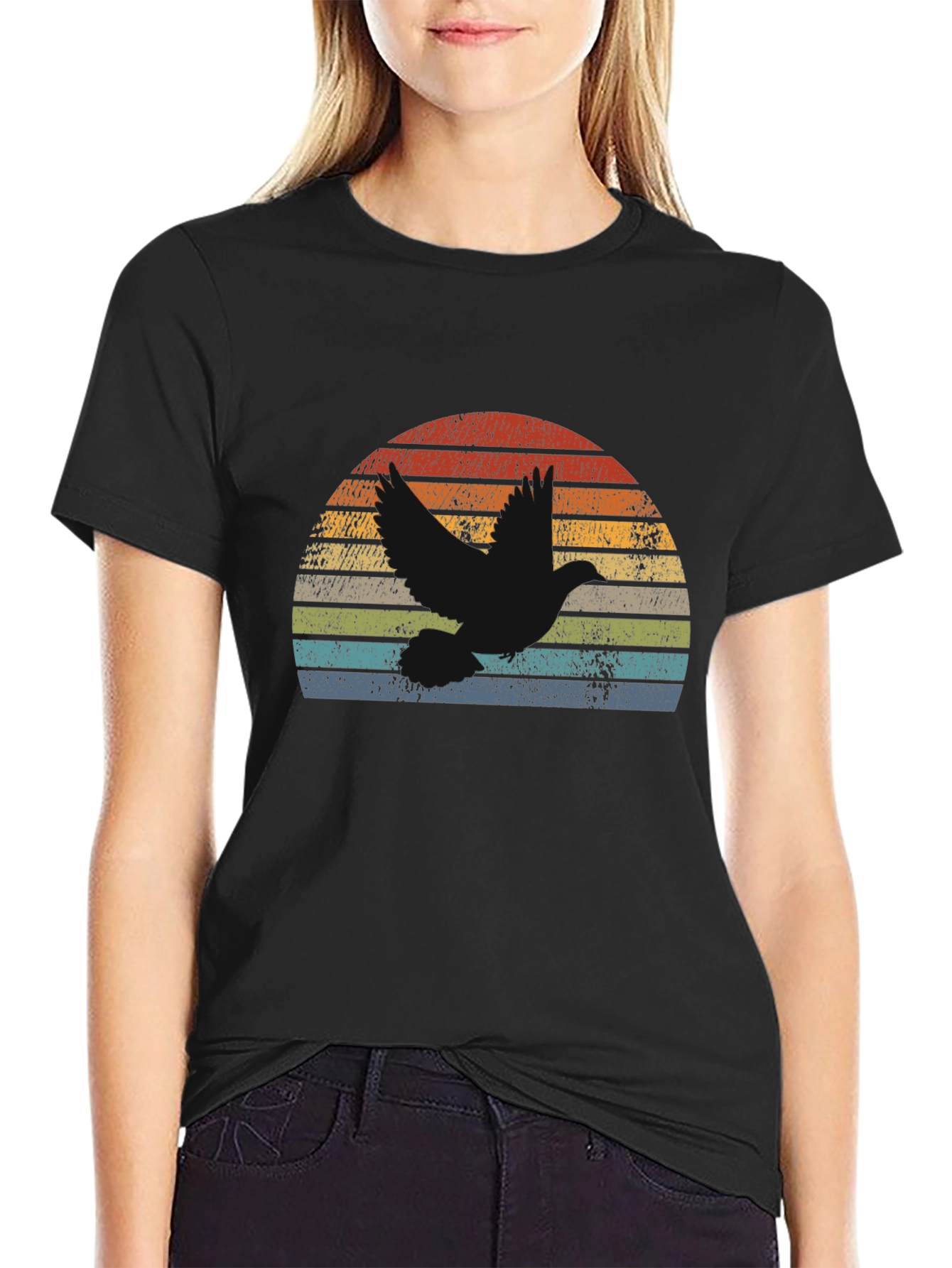 Vintage Dove Sunset Graphic Tee - Soft Black Cotton Blend